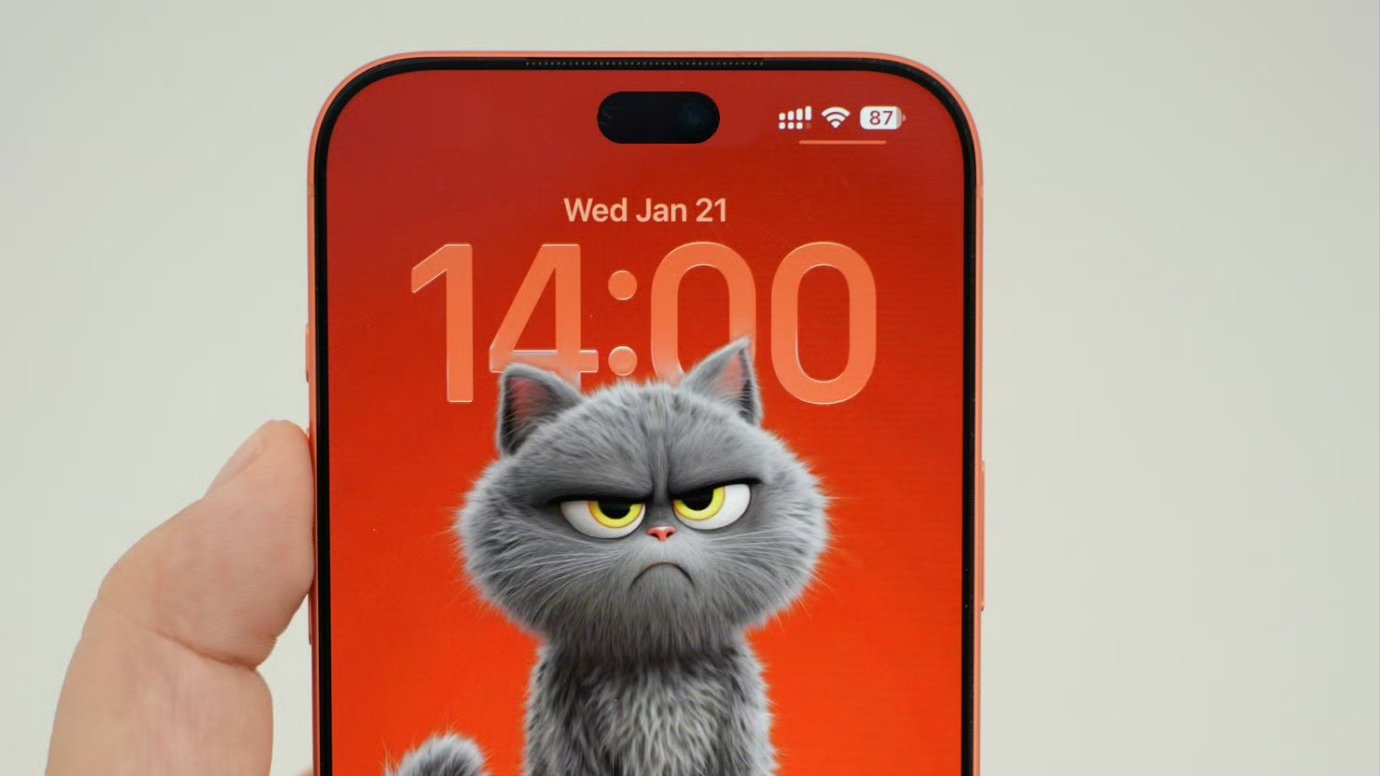 iPhone 14 Pro Maxのロック画面に表示された不機嫌な猫キャラクターのウォールペーパー