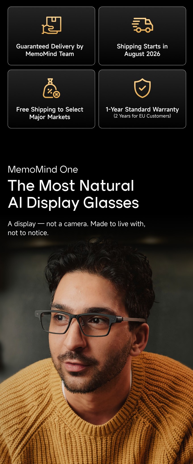 MemoMind Oneのディスプレイ眼鏡を装用した男性の顔正面写真
