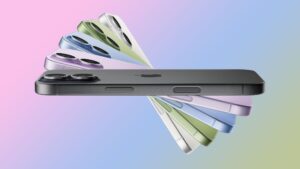 iPhone 15の複数カラーバリエーション展開を示す側面ビュー比較