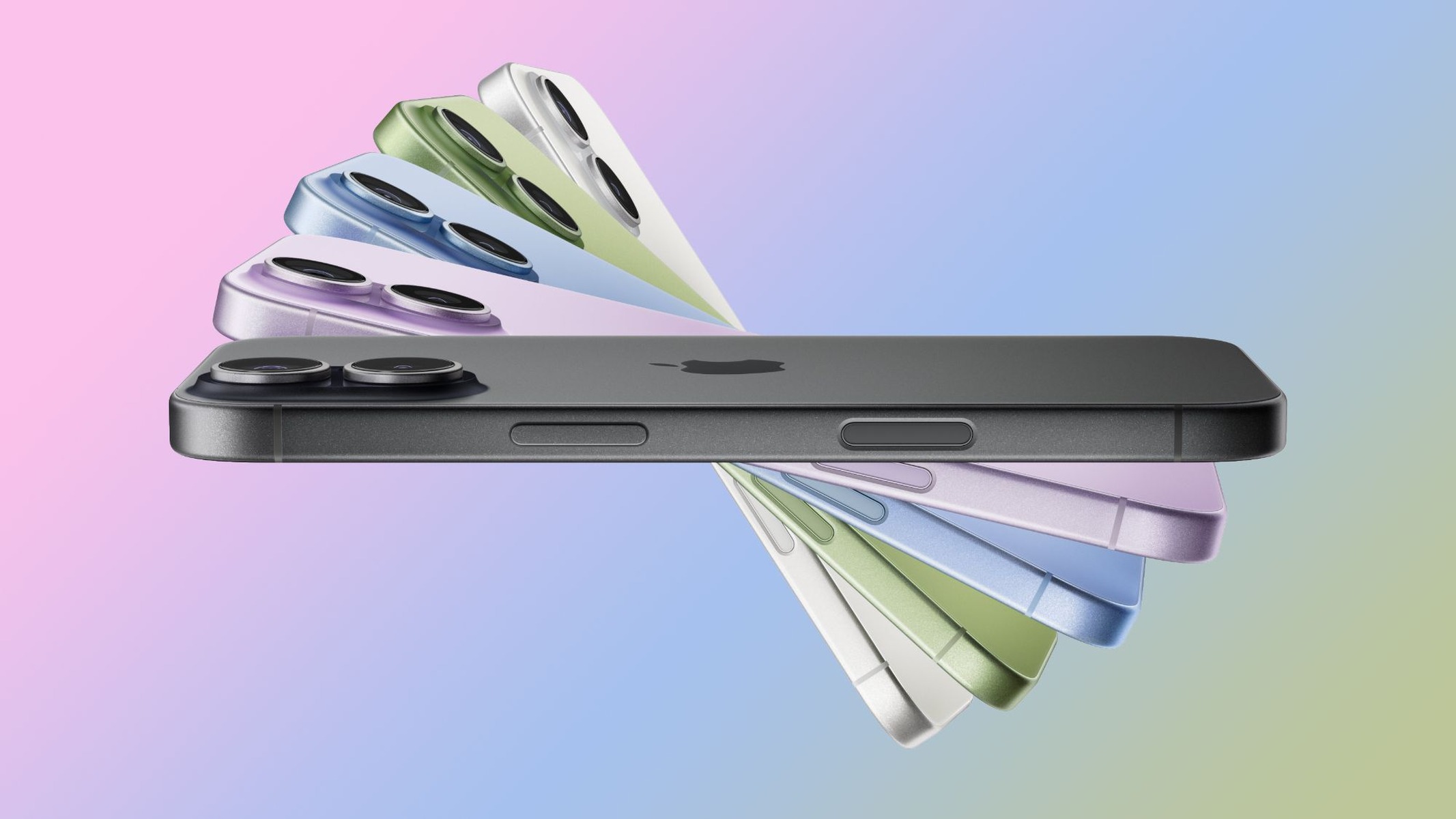 iPhone 15の複数カラーバリエーション展開を示す側面ビュー比較