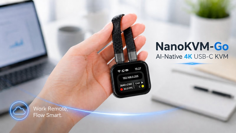 NanoKVM-GoのAI-Native 4K USB-C KVMデバイスをリモートワークで手に持つ操作シーン