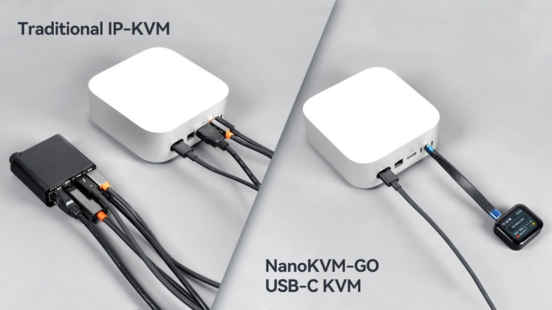 従来型IP-KVMとNanoKVM-GO USB-C KVMの接続ケーブル構成の違いを示す比較