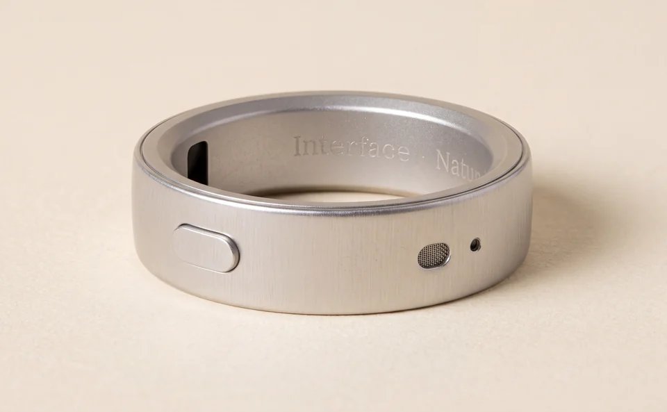 Natura Interfaceのリング本体。側面に操作ボタンとマイク、内側に刻印がある外観