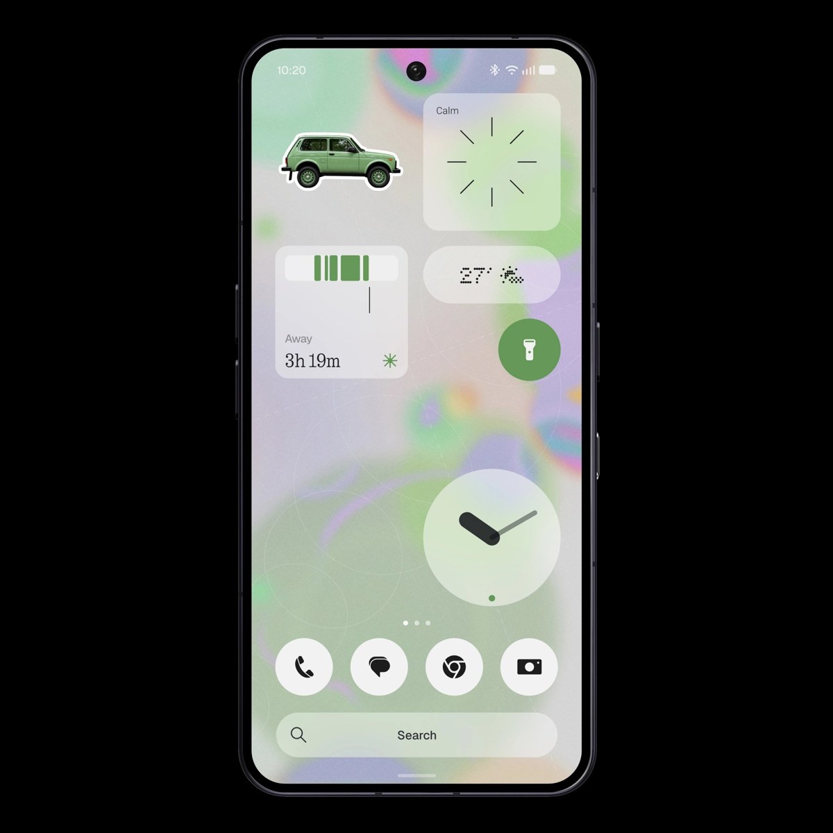 Nothing OS 5.0の新しいホーム画面。半透明のウィジェットやAway Timeウィジェット、写真のステッカーが並ぶ